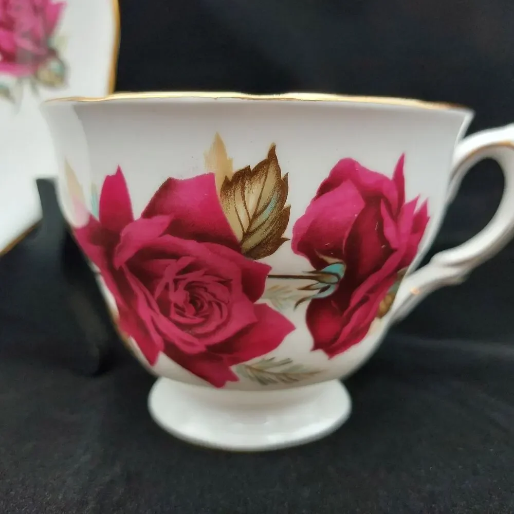 Vintage Royal Vale Teacup Saucer Set Red Rose Bone China Gold Trim England Fine